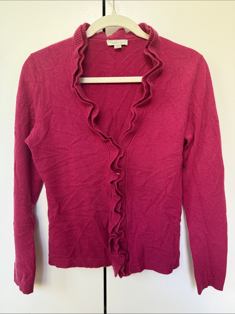 Garnet Hill Raspberry Ruffle-Front Cardigan